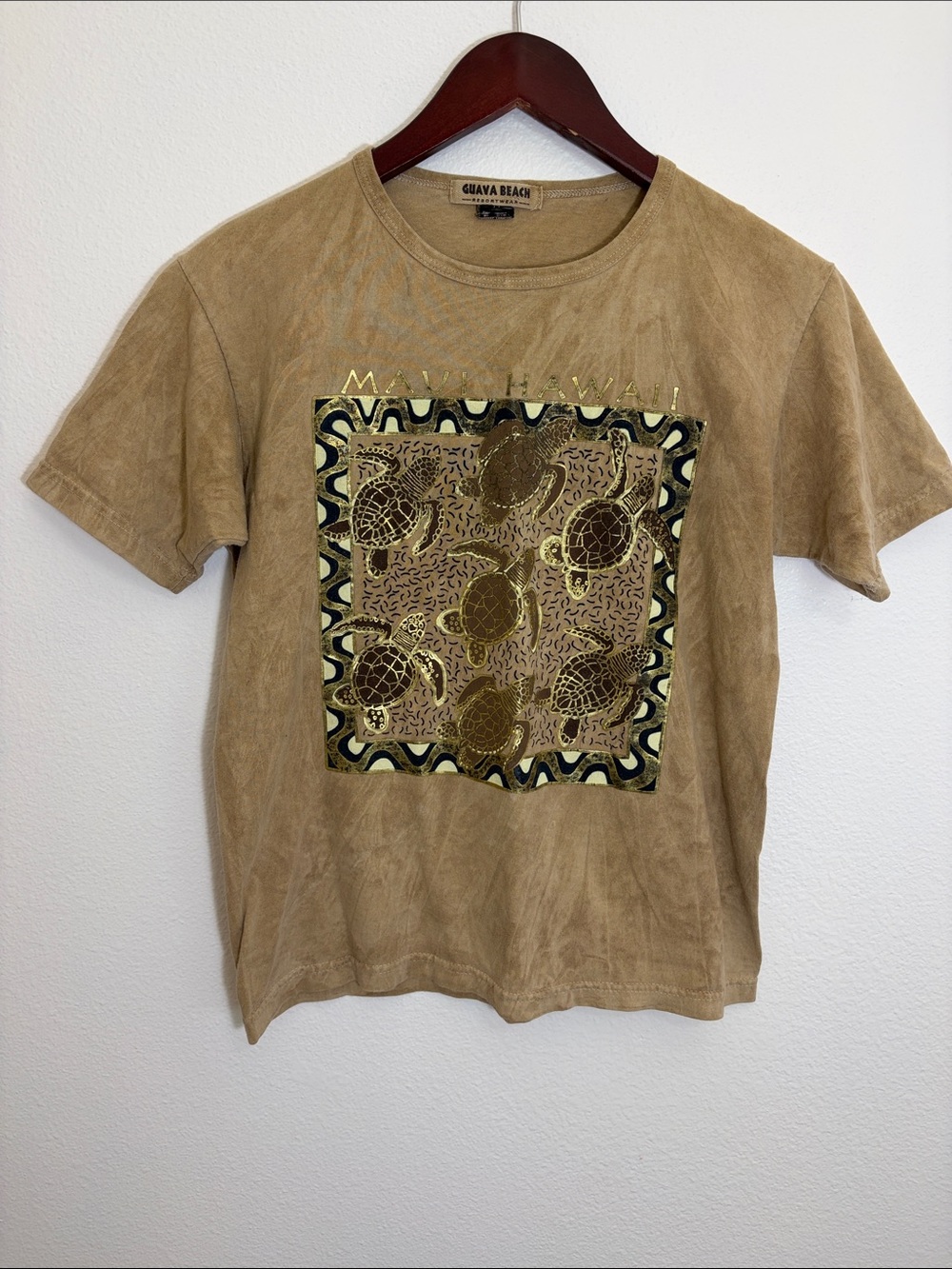 Guava Beach Resortwear Maui Hawaii Tan Gold Turtle Graphic Short Sleeve Tee